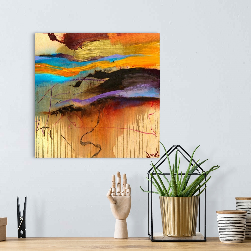 A bohemian room featuring Giant, square contemporary art of large, thick brush strokes in a variety of colors that extend h...