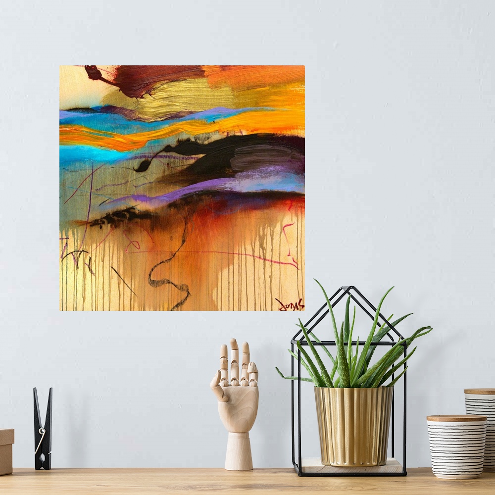 A bohemian room featuring Giant, square contemporary art of large, thick brush strokes in a variety of colors that extend h...