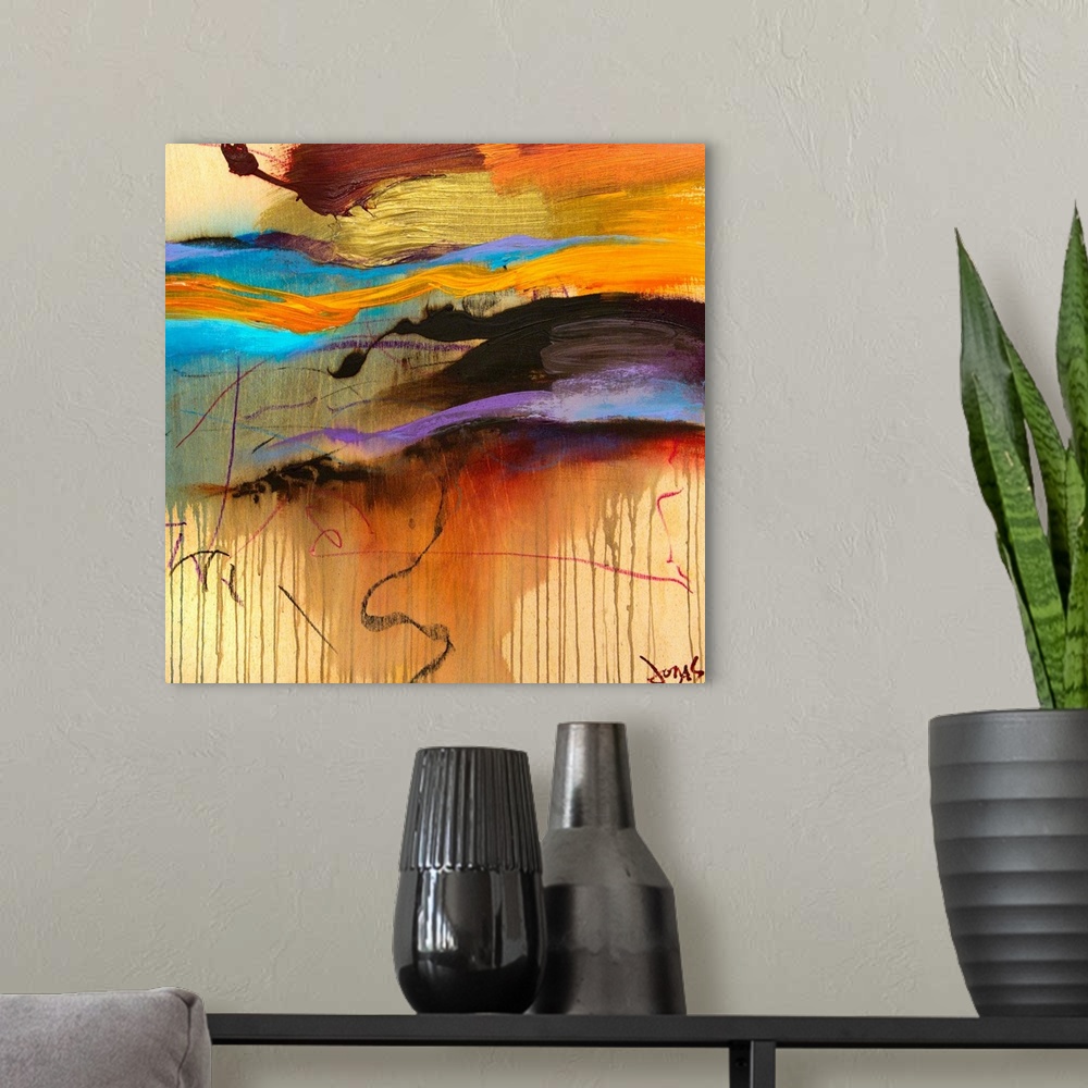 A modern room featuring Giant, square contemporary art of large, thick brush strokes in a variety of colors that extend h...