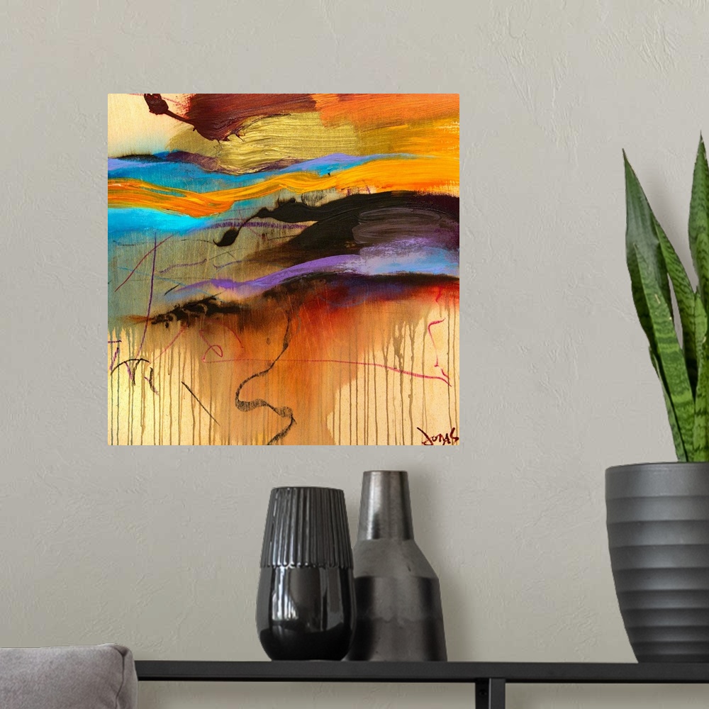 A modern room featuring Giant, square contemporary art of large, thick brush strokes in a variety of colors that extend h...