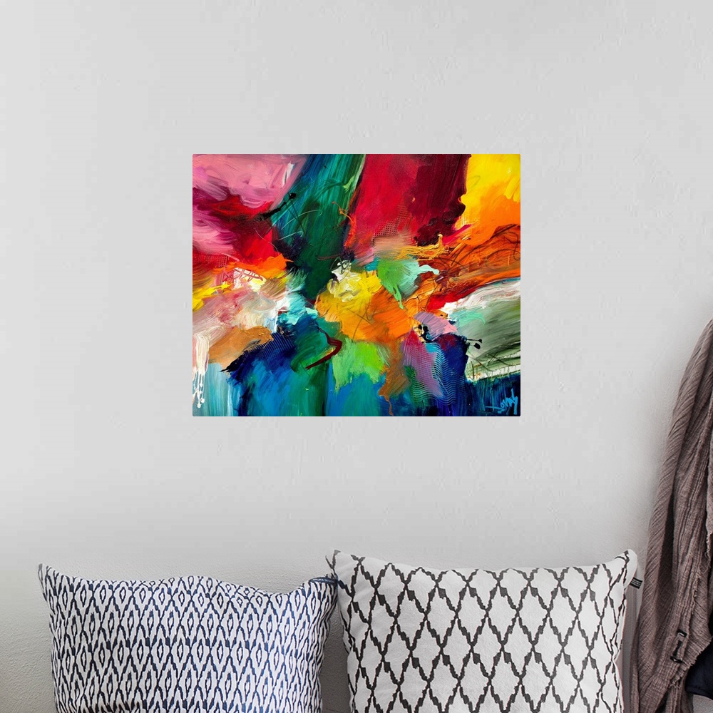 A bohemian room featuring Decorative accents for the home or office this abstract painting is made densely pack swathes of ...