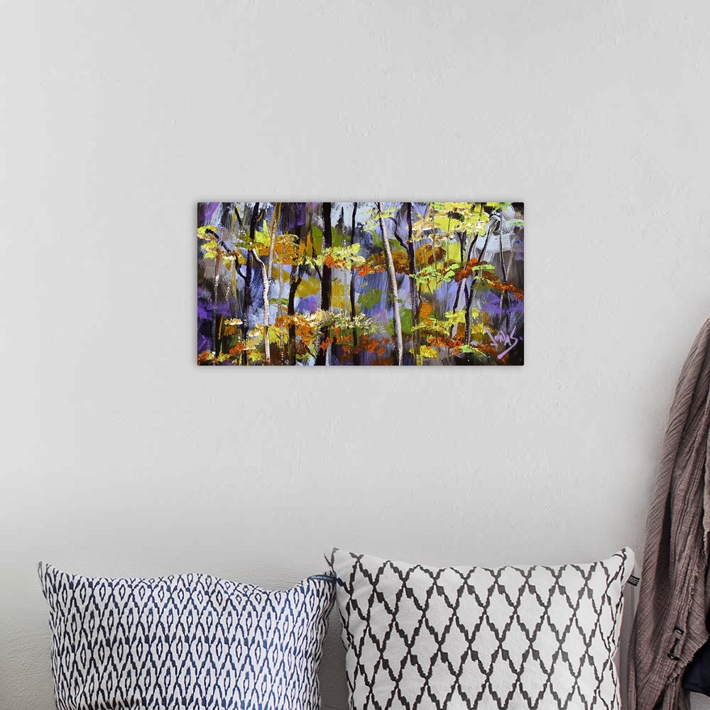 A bohemian room featuring Contemporary painting of a forest with tones of purple seen through the trees.