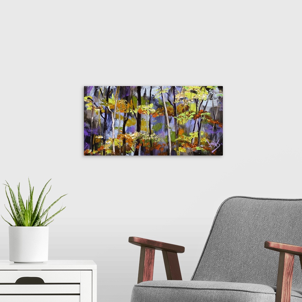 A modern room featuring Contemporary painting of a forest with tones of purple seen through the trees.