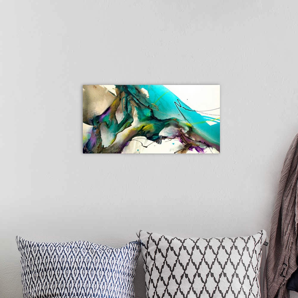 A bohemian room featuring Contemporary artwork of abstract bright colors, including teal hues against an off-white background.