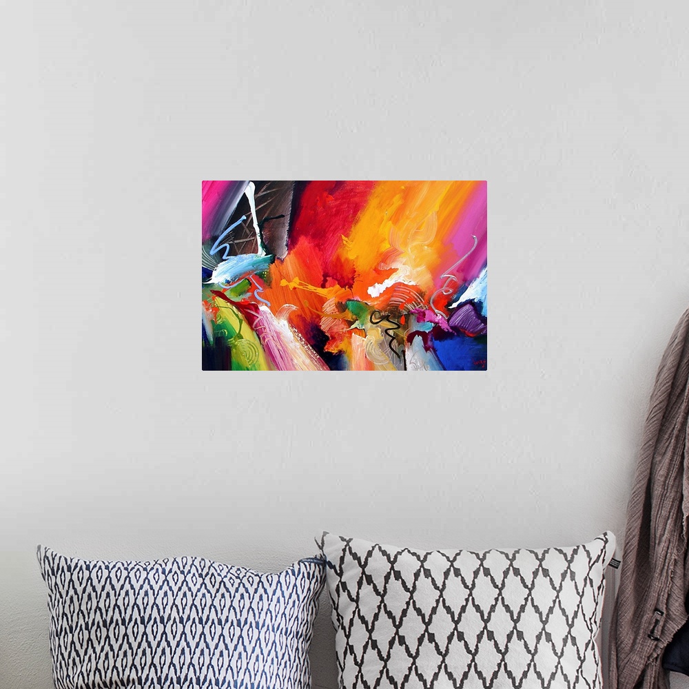 A bohemian room featuring Large abstract painting composed of sharp lines, vibrant colors and lots of movement.