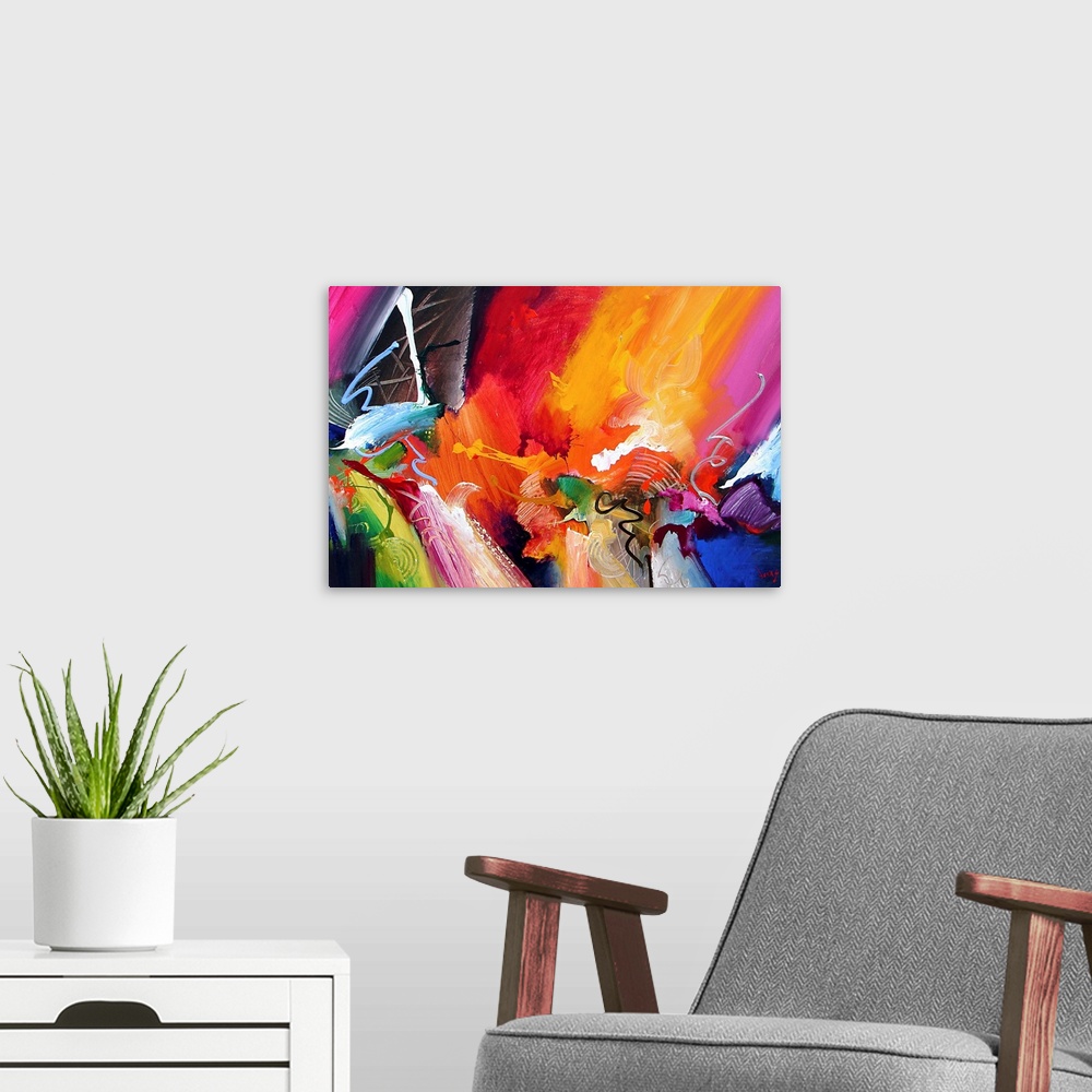 A modern room featuring Large abstract painting composed of sharp lines, vibrant colors and lots of movement.