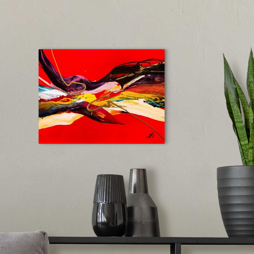 A modern room featuring A contemporary abstract painting of a fluid motion of color and texture against a red background.