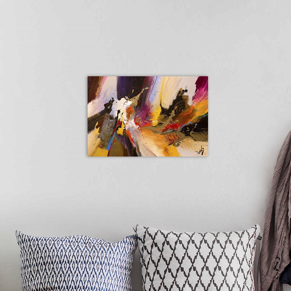 A bohemian room featuring A contemporary abstract painting using a wide spectrum of colors ranging from earthy to neon conv...