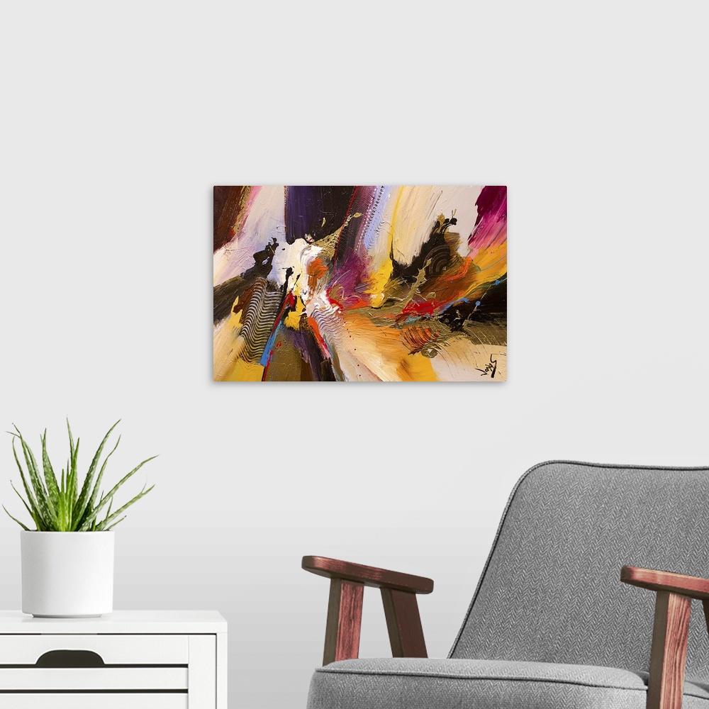 A modern room featuring A contemporary abstract painting using a wide spectrum of colors ranging from earthy to neon conv...