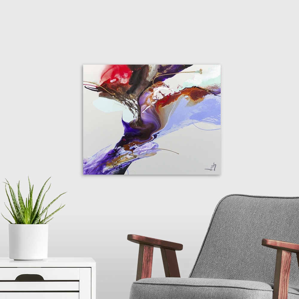 A modern room featuring A contemporary abstract painting using purple and red tones in motion of fluidity against a light...