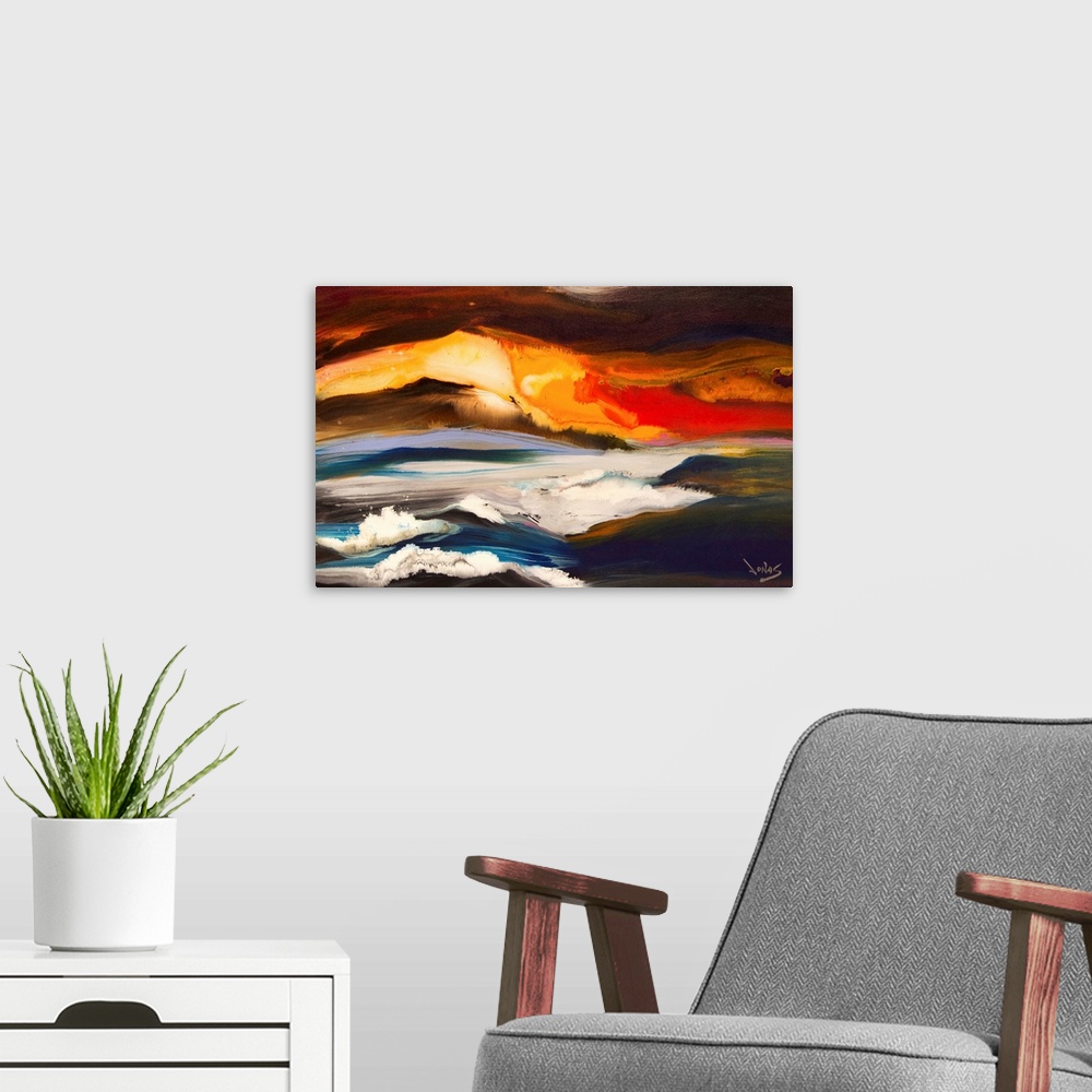 A modern room featuring Contemporary abstract painting using wild and vivid colors to create what almost resembles layers...