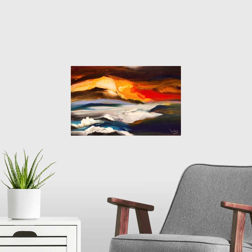 A modern room featuring Contemporary abstract painting using wild and vivid colors to create what almost resembles layers...