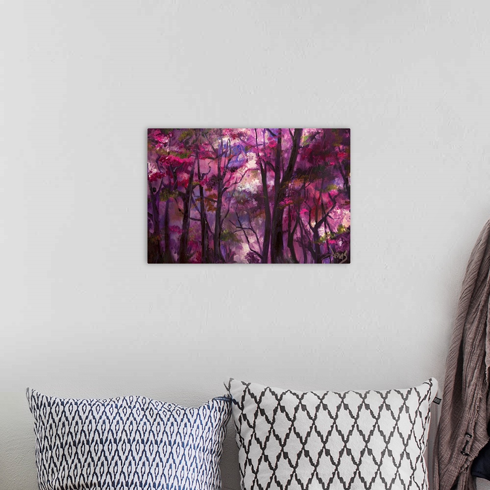 A bohemian room featuring Contemporary painting of a shadowy forest with light beaming through branches full of deep purple...