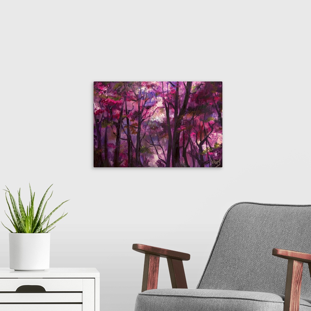 A modern room featuring Contemporary painting of a shadowy forest with light beaming through branches full of deep purple...