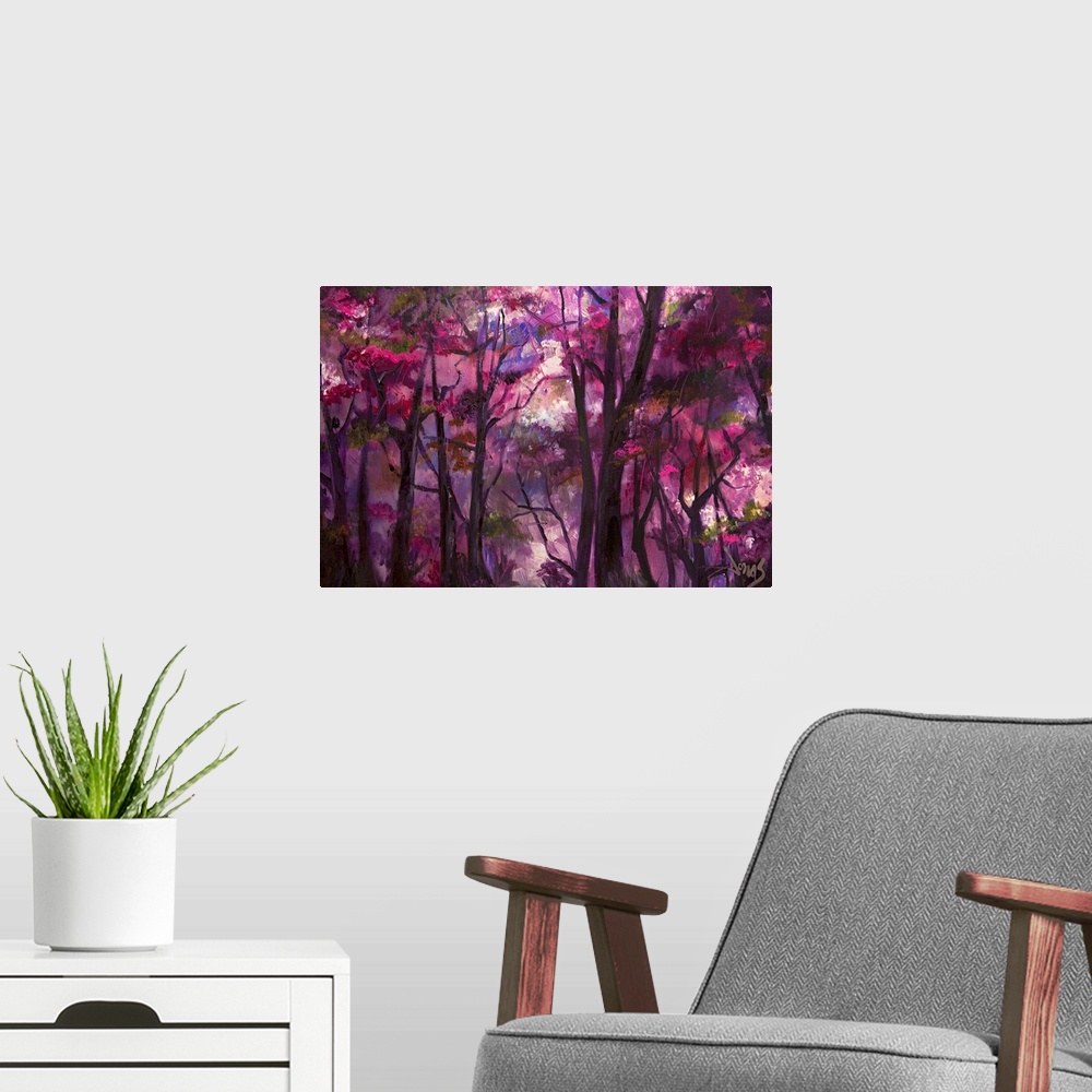 A modern room featuring Contemporary painting of a shadowy forest with light beaming through branches full of deep purple...