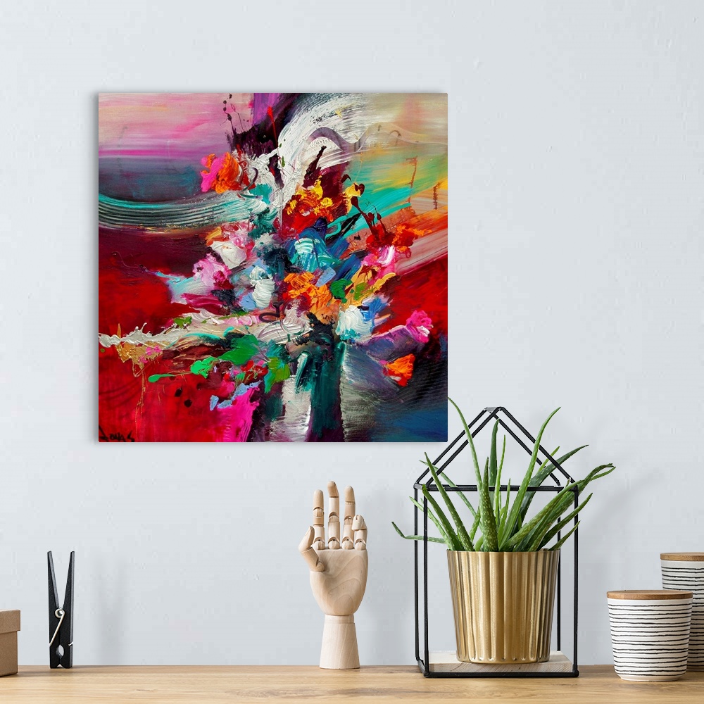 A bohemian room featuring Huge abstract art shows a background of soft and smooth brush strokes contrasted by an area in th...