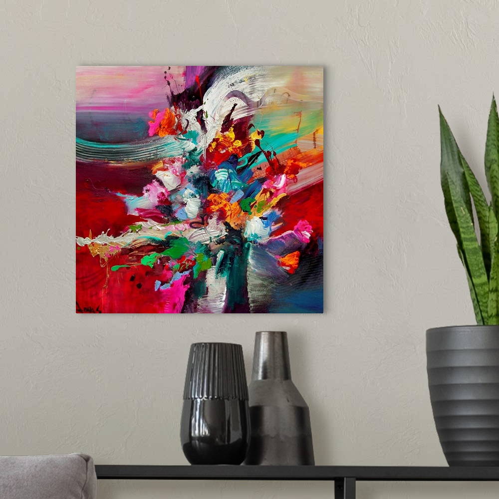 A modern room featuring Huge abstract art shows a background of soft and smooth brush strokes contrasted by an area in th...