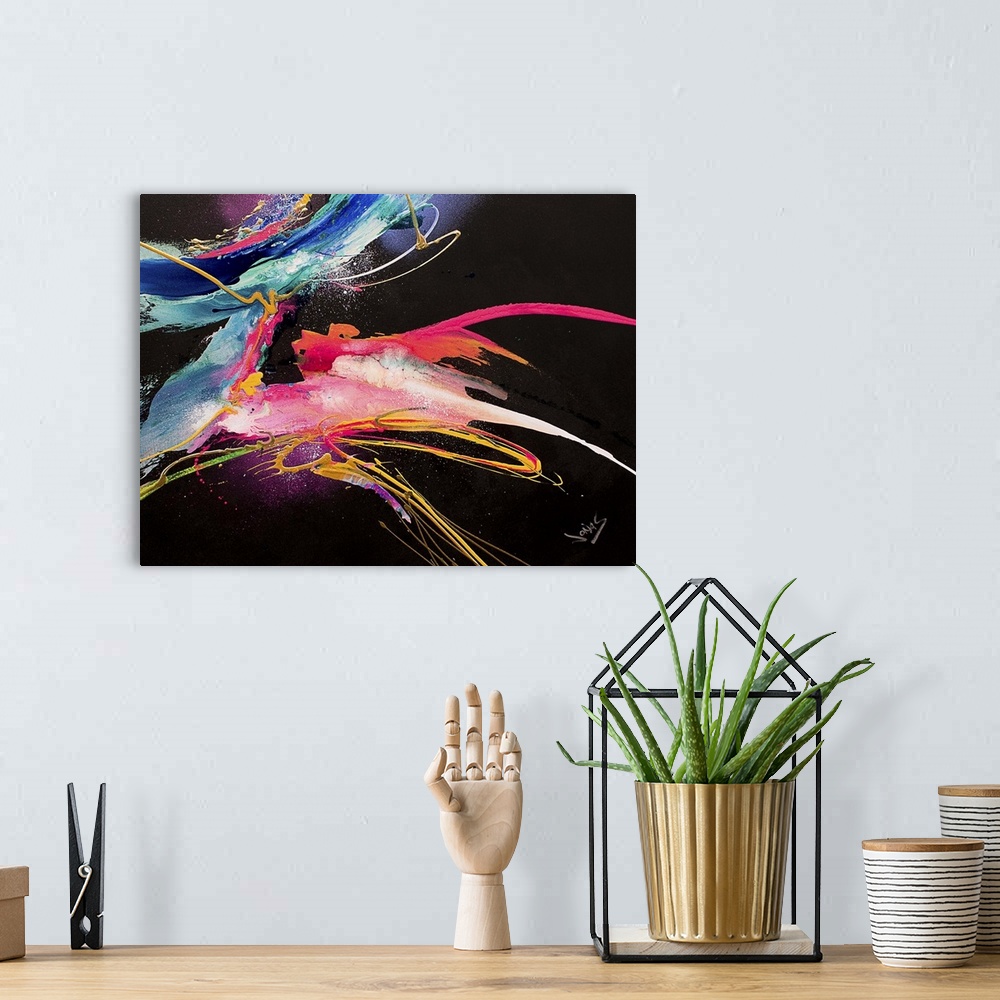 A bohemian room featuring A contemporary abstract painting of wild neon colors moving fast and aggressive motions against a...