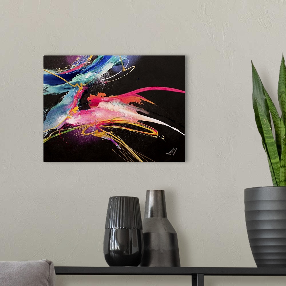 A modern room featuring A contemporary abstract painting of wild neon colors moving fast and aggressive motions against a...