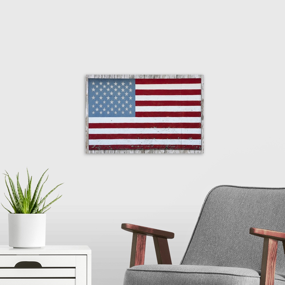 A modern room featuring American flag hanging on a barn in Michigan