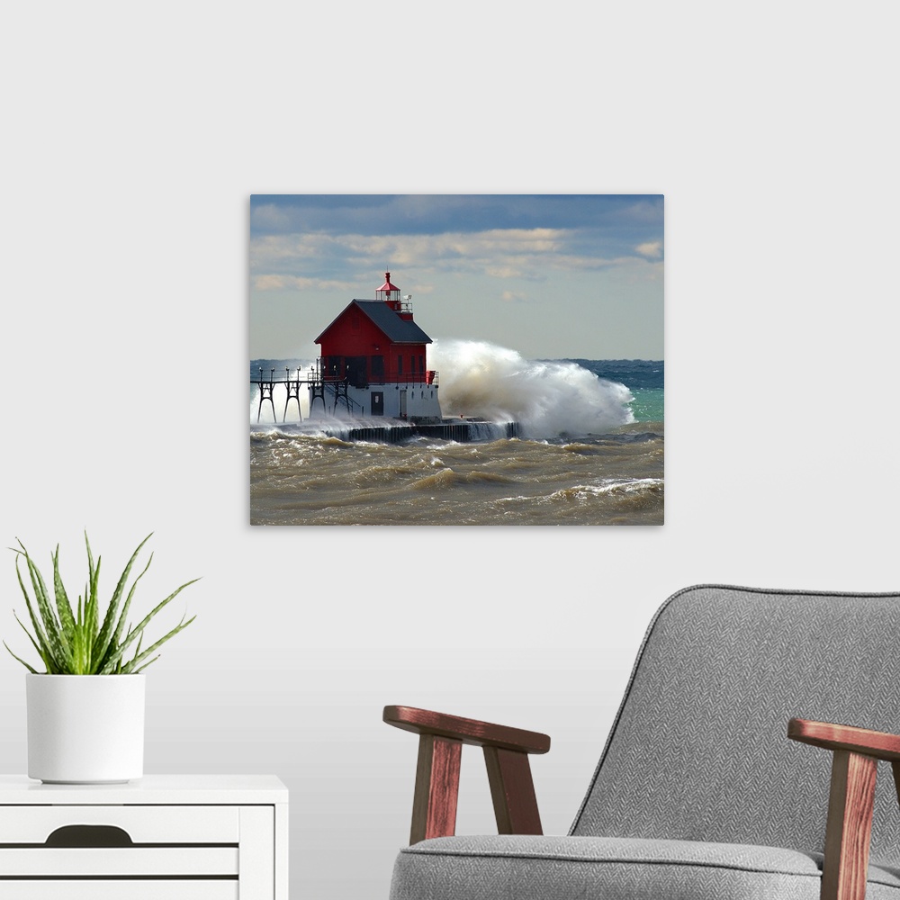 A modern room featuring Grand Haven Michigan Lighthouse with waves crashing