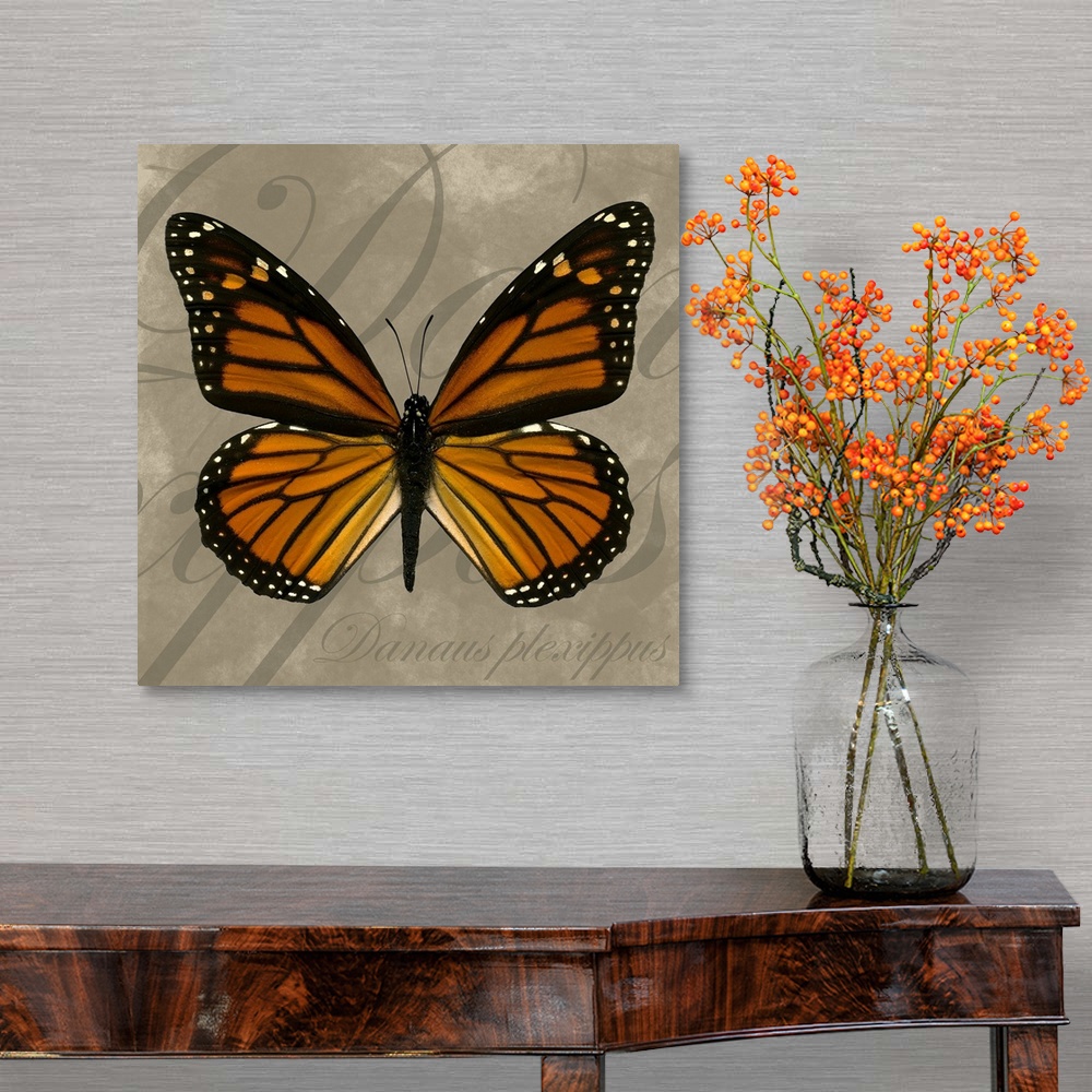 A traditional room featuring Square painting of a butterfly on canvas with text in the background.