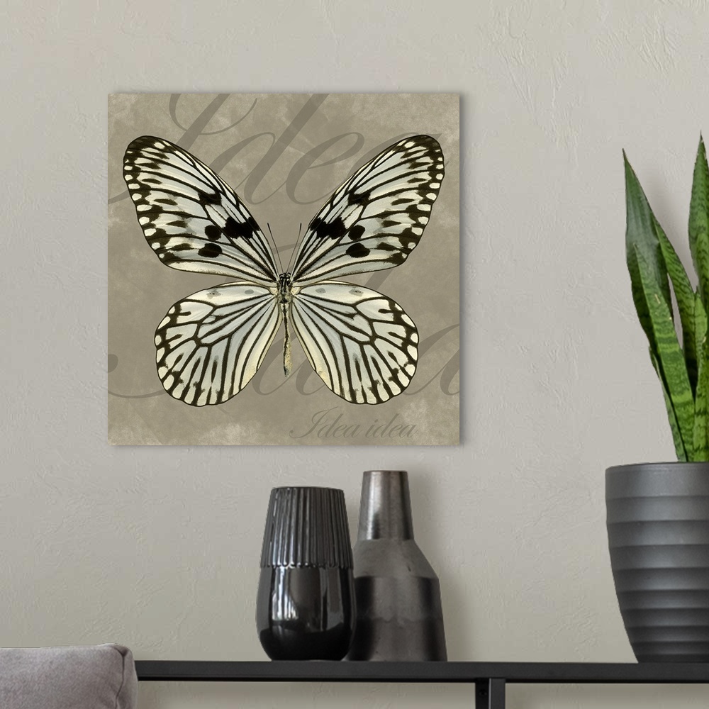A modern room featuring Artwork of a butterfly with the text "Idea Idea" in large and small fonts in the background.