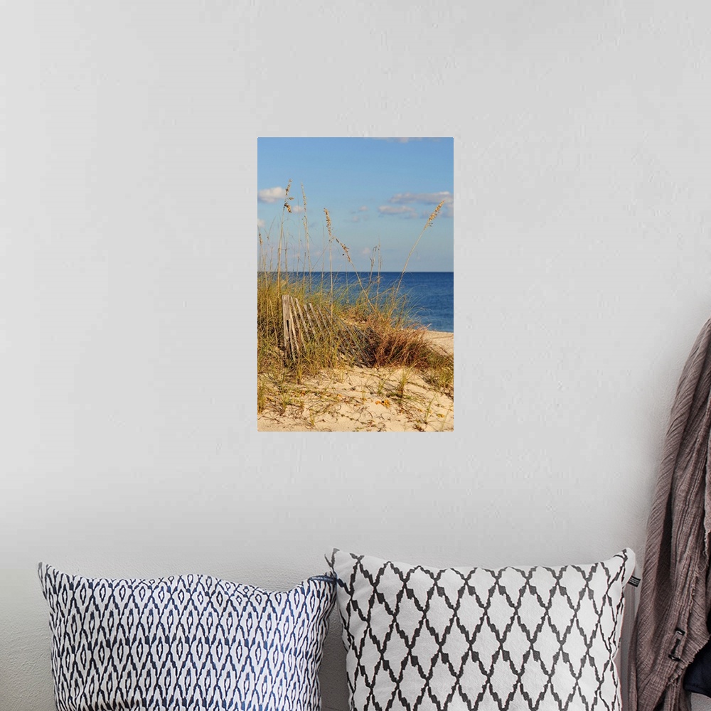 A bohemian room featuring Photograph of tall grass and old wood rails on beach with ocean in the background.  The Florida i...