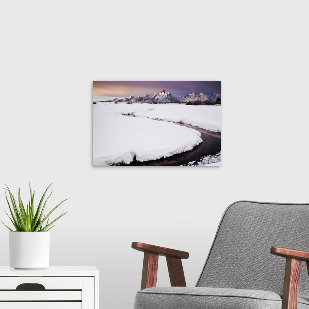 A modern room featuring A Partially Frozen Creek Reflects Morning Light, Grand Teton Range, Jackson Hole