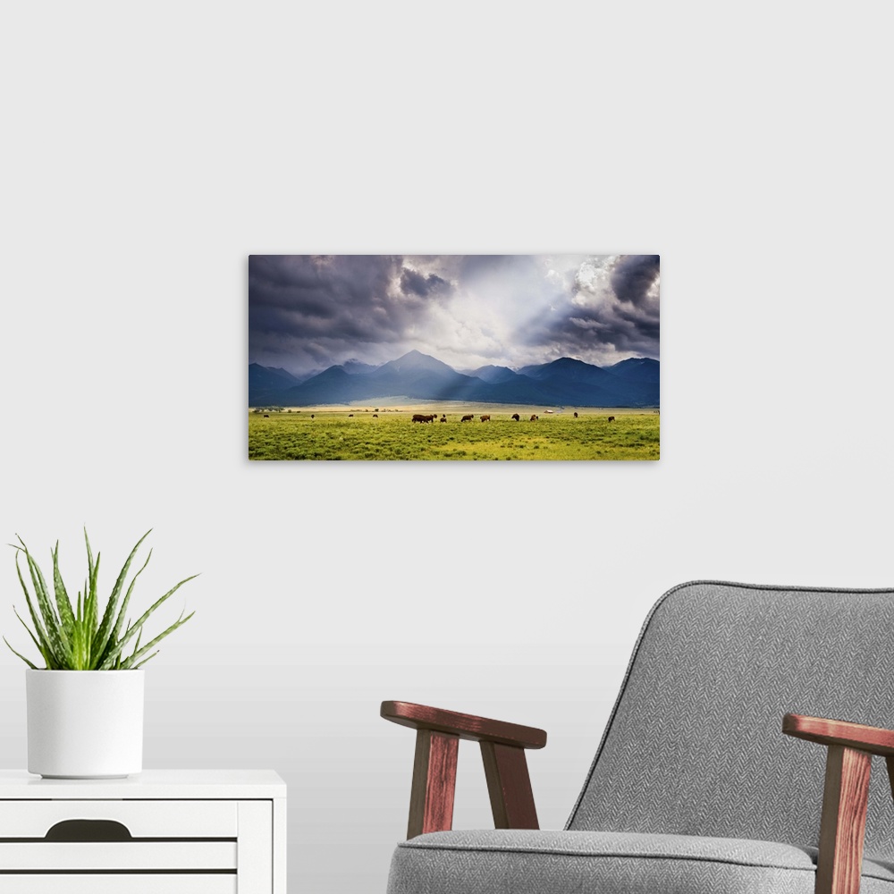 A modern room featuring A Storm Illuminates the Valley and Ranches; Westcliffe, CO