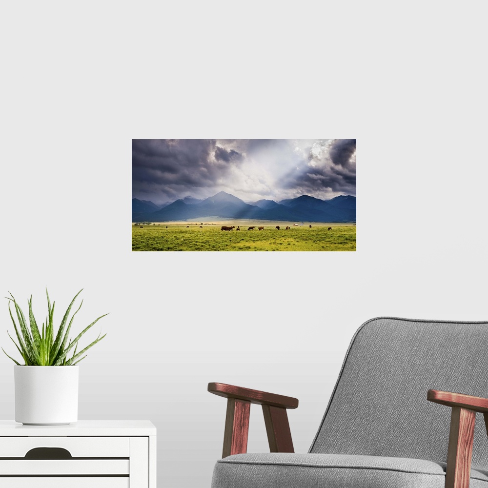 A modern room featuring A Storm Illuminates the Valley and Ranches; Westcliffe, CO