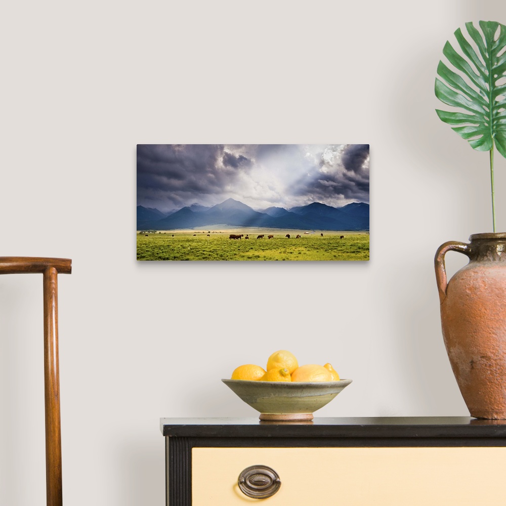 A traditional room featuring A Storm Illuminates the Valley and Ranches; Westcliffe, CO