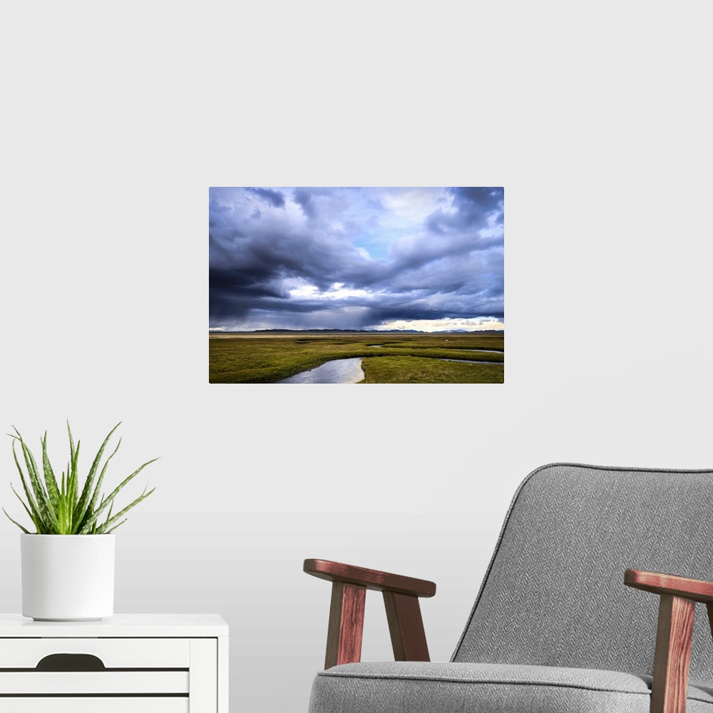 A modern room featuring A Storm Sweeps Over Colorado's Plains; Southpark, Colorado