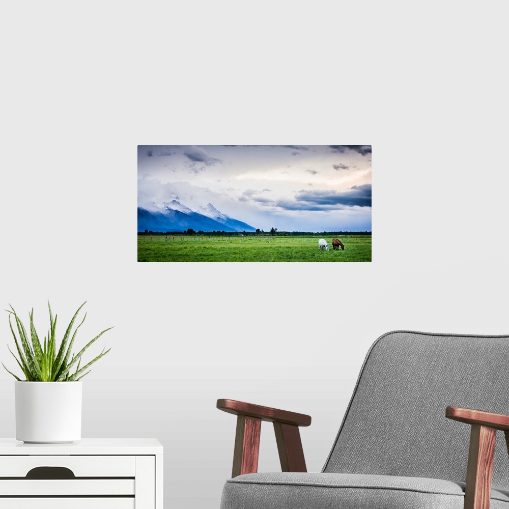 A modern room featuring Horses Graze During An Afternoon Storm, Jackson, Wyoming