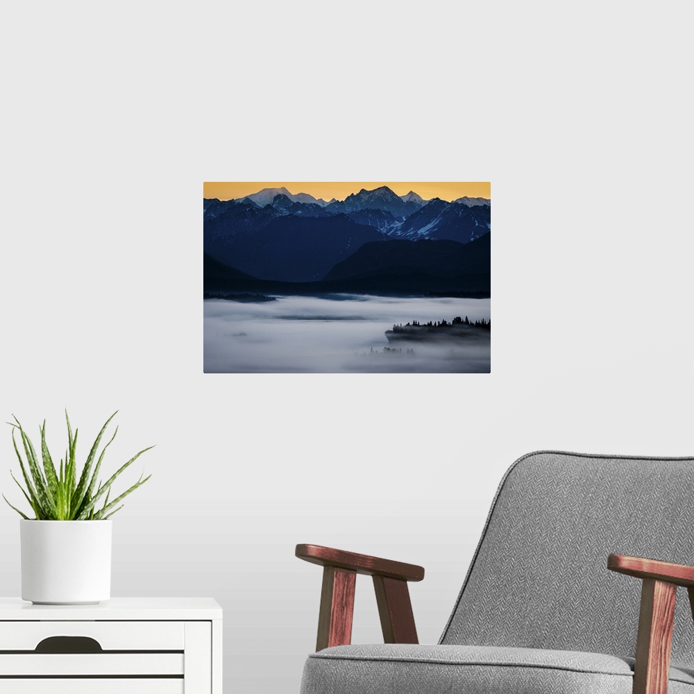 A modern room featuring Mist Fills the Valley at Sunrise; Denali National Park, Denali, Alaska