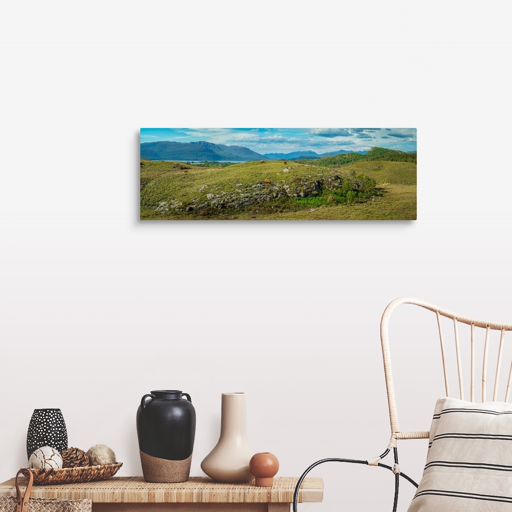 A farmhouse room featuring Panorama of Sotland's Highland Cow and Peaks, Plockton