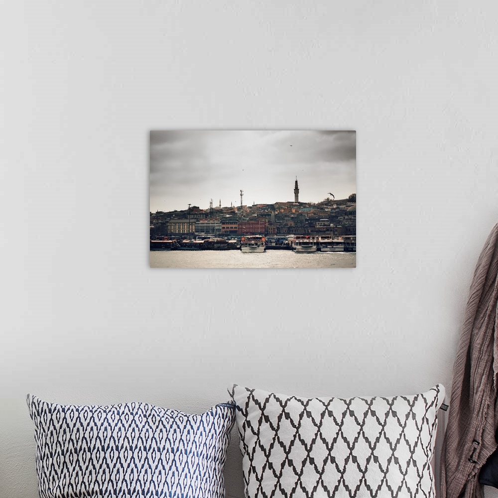 A bohemian room featuring An offshore look of Istanbul from the Bosphorus River looking onto the mainland. Istanbul's skyli...