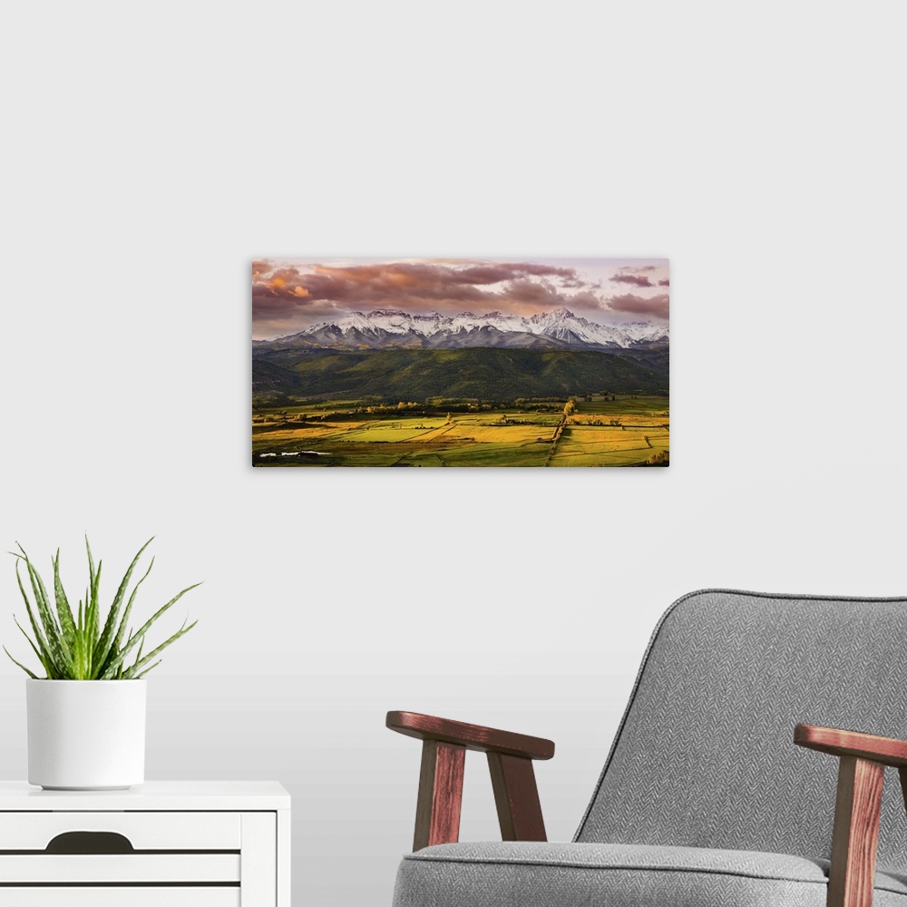 A modern room featuring Snowcapped Mountains Overlook Valley at Sunset, Telluride, Colorado
