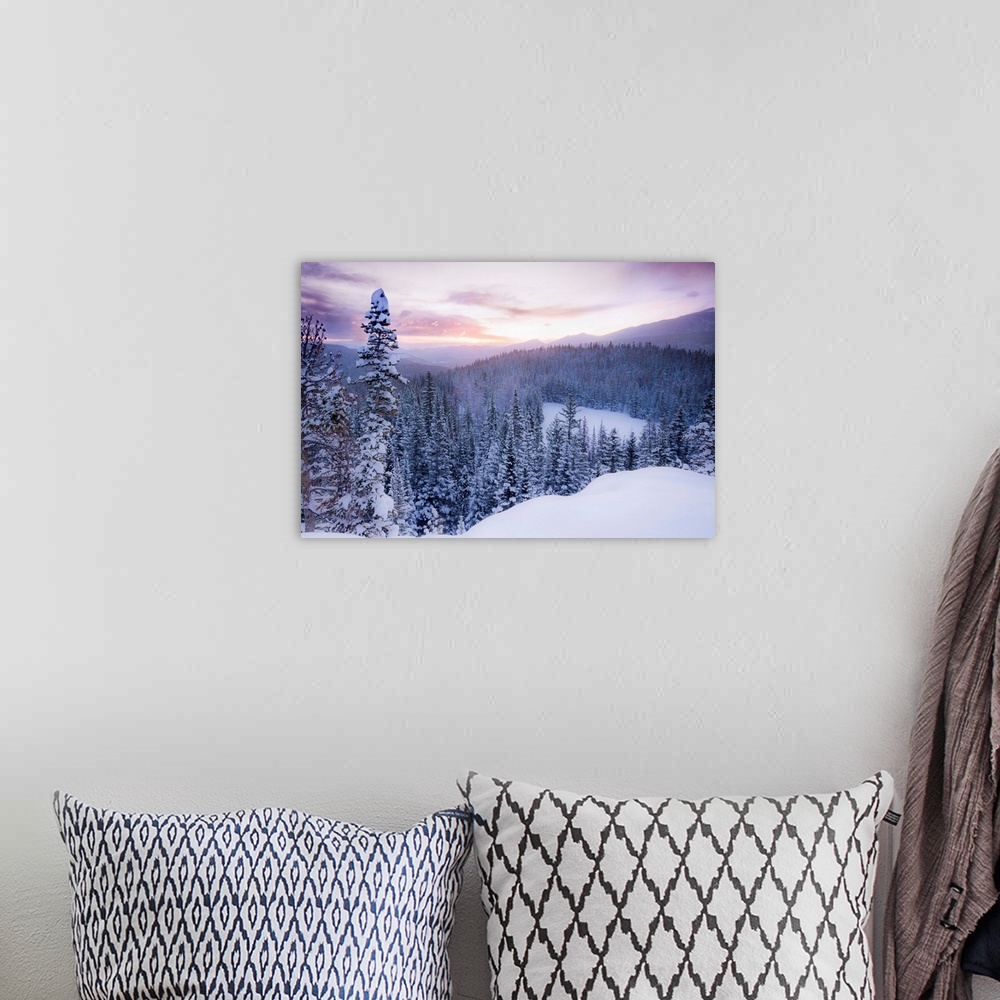 A bohemian room featuring Nature photograph of snow covered trees and  mountains in Colorado as the sun sets.