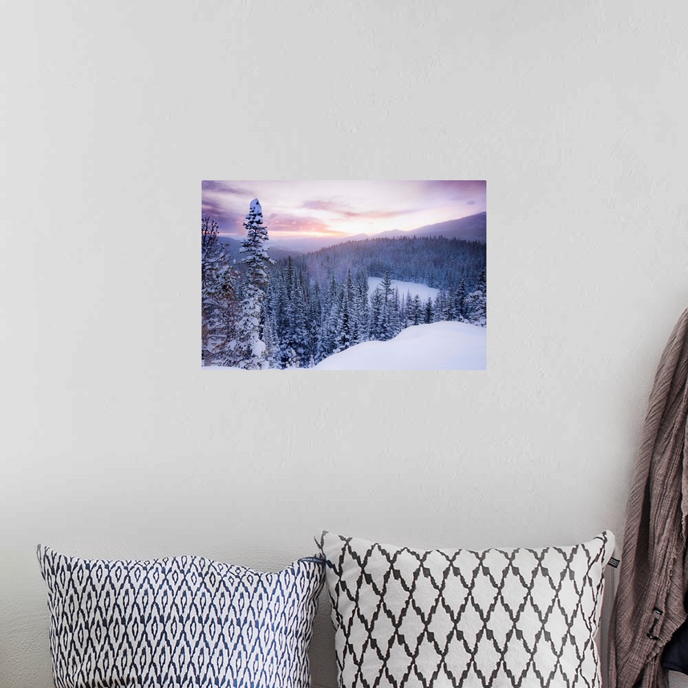 A bohemian room featuring Nature photograph of snow covered trees and  mountains in Colorado as the sun sets.