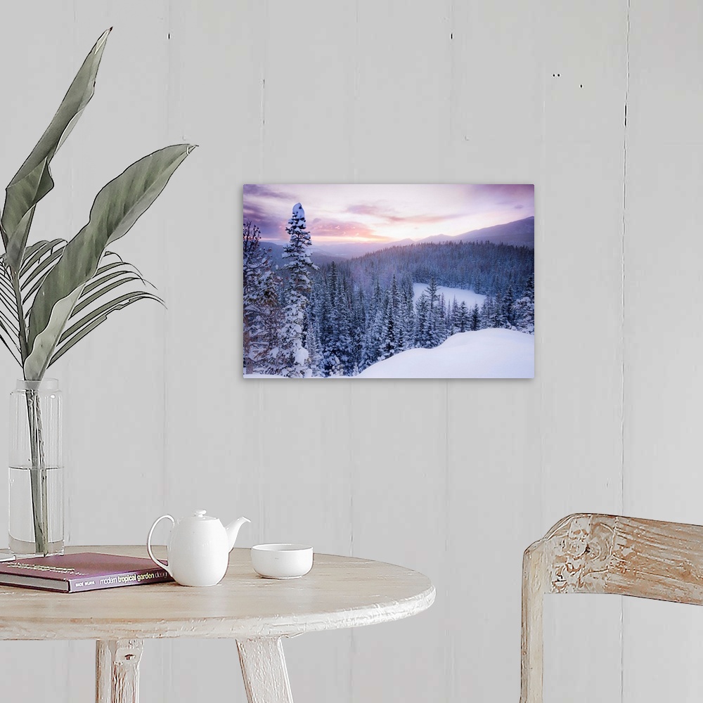 A farmhouse room featuring Nature photograph of snow covered trees and  mountains in Colorado as the sun sets.