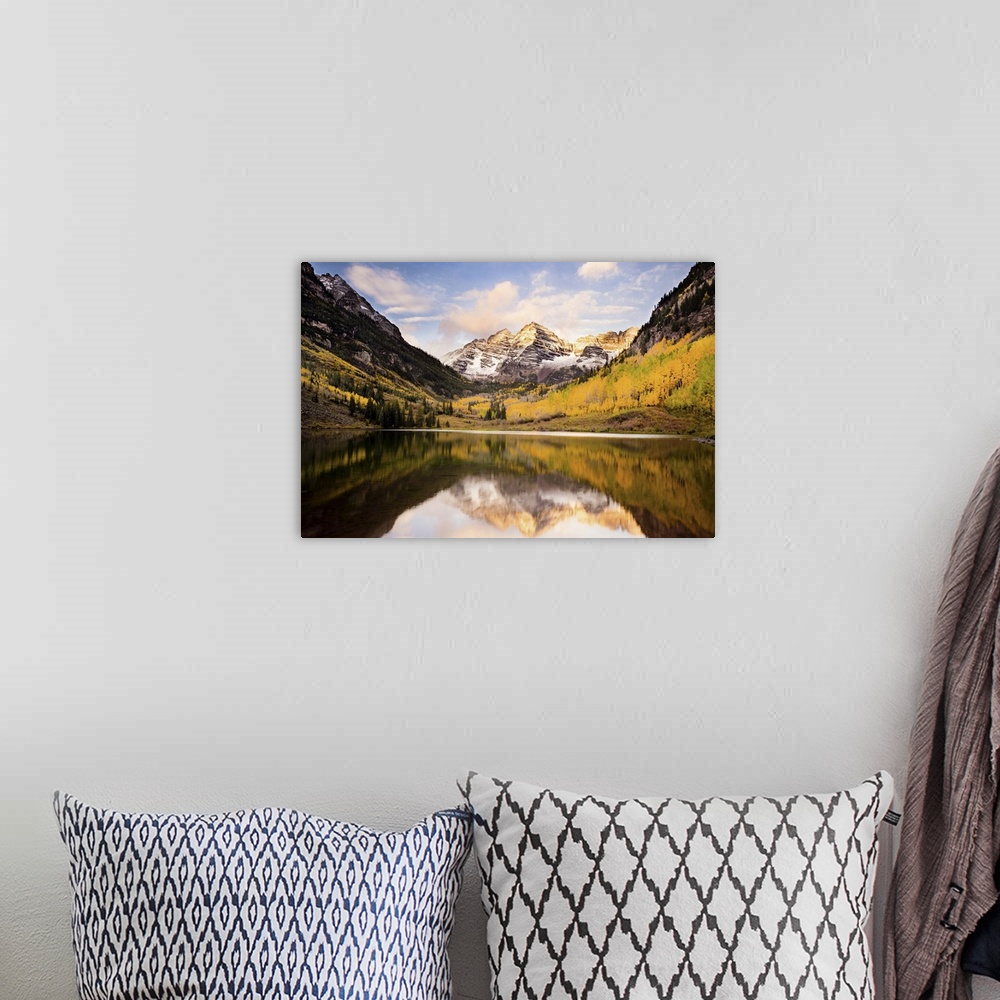 A bohemian room featuring Still Lake Reflecting Mountain Peaks and Aspen Trees, Maroon Bells, Colorado