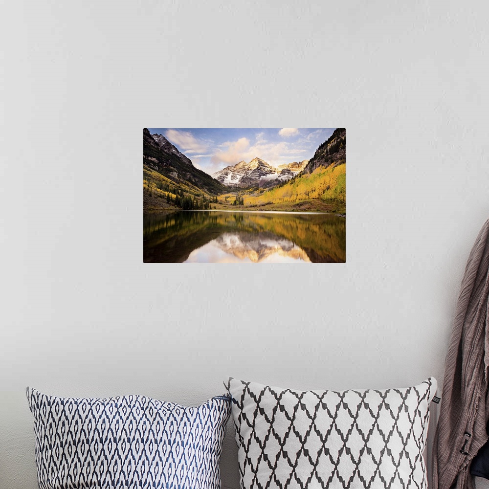 A bohemian room featuring Still Lake Reflecting Mountain Peaks and Aspen Trees, Maroon Bells, Colorado
