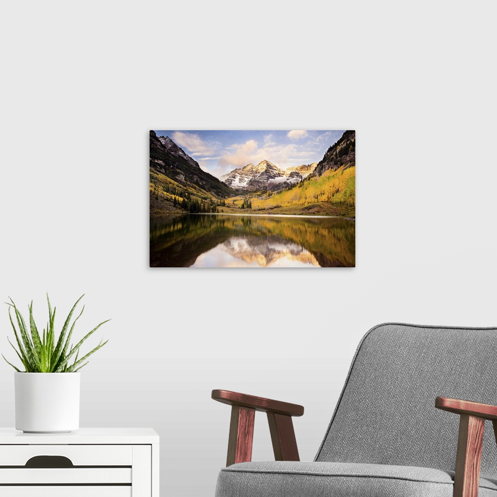 A modern room featuring Still Lake Reflecting Mountain Peaks and Aspen Trees, Maroon Bells, Colorado