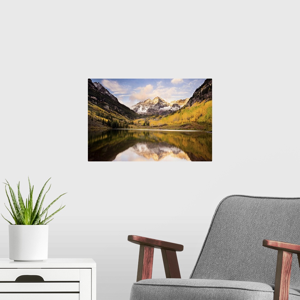 A modern room featuring Still Lake Reflecting Mountain Peaks and Aspen Trees, Maroon Bells, Colorado