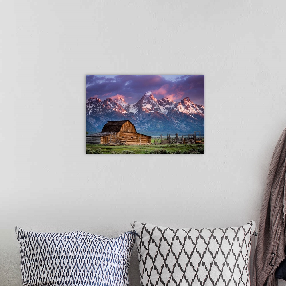 A bohemian room featuring Sun Rises Over Mormon Barn, Grand Teton National Park, Wyoming