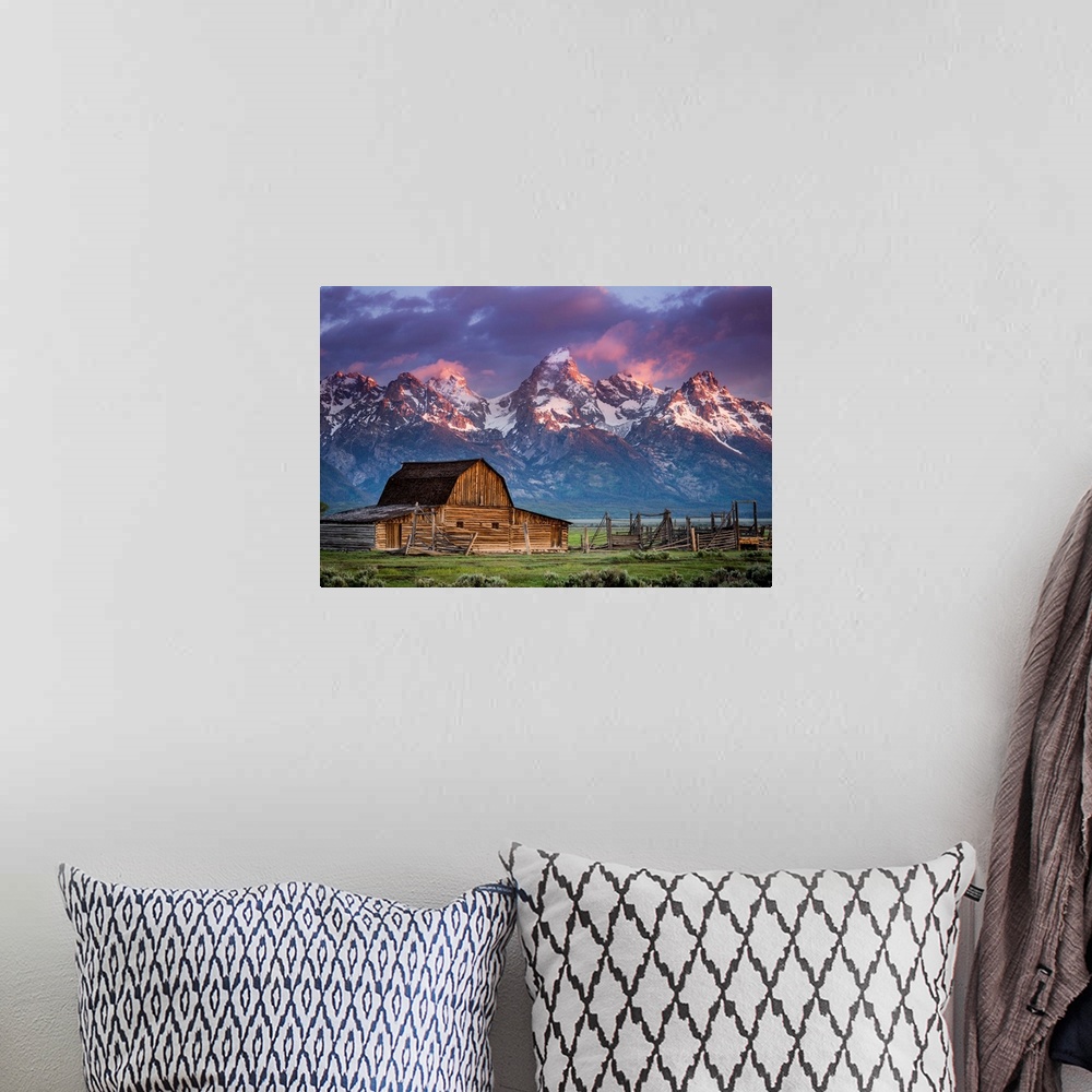 A bohemian room featuring Sun Rises Over Mormon Barn, Grand Teton National Park, Wyoming