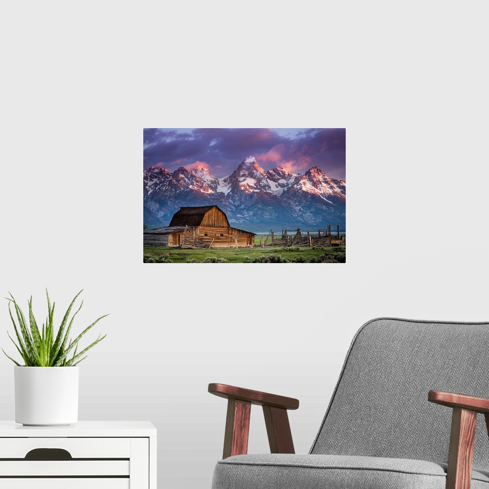 A modern room featuring Sun Rises Over Mormon Barn, Grand Teton National Park, Wyoming