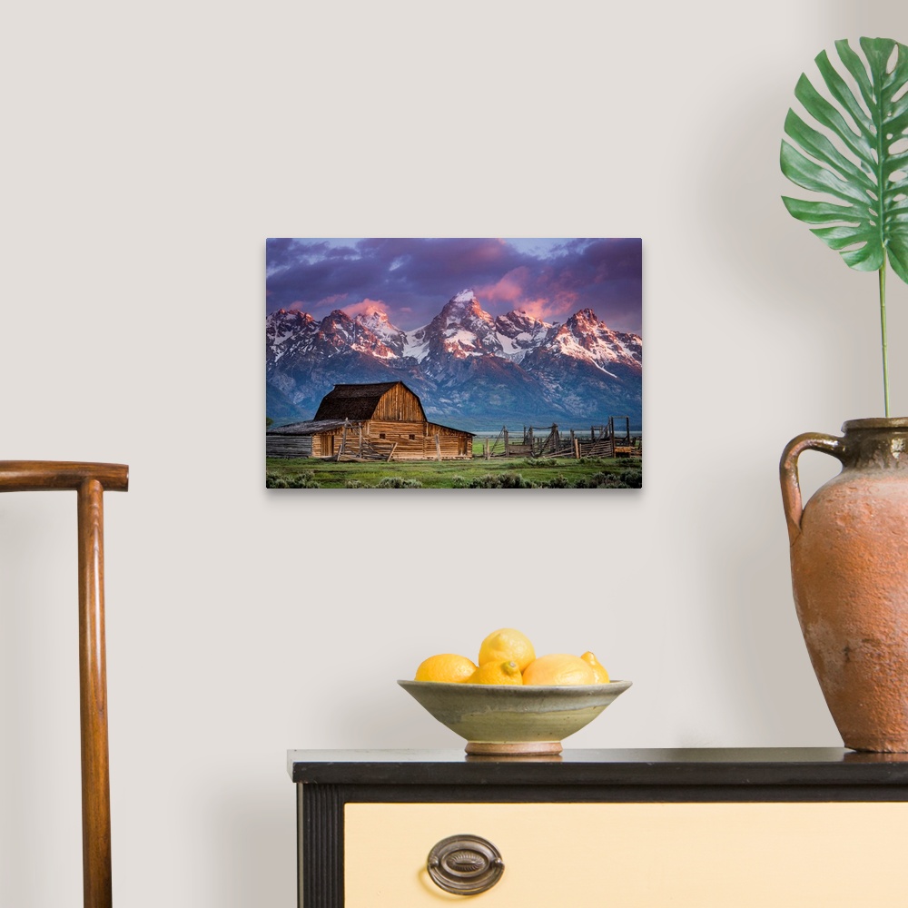 A traditional room featuring Sun Rises Over Mormon Barn, Grand Teton National Park, Wyoming