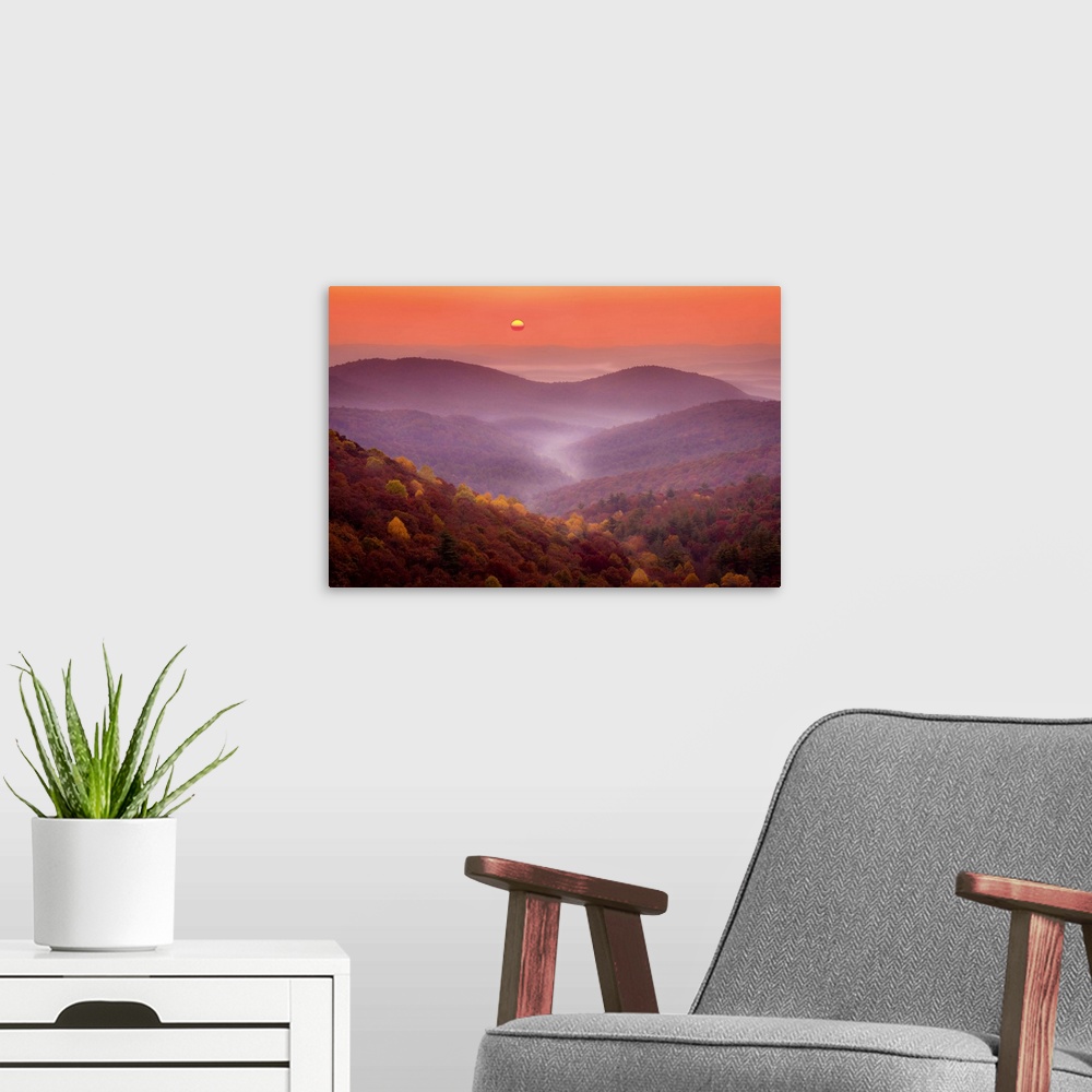 A modern room featuring Sun Rises Over the Chattahoochee National Forest in Autumn; GA